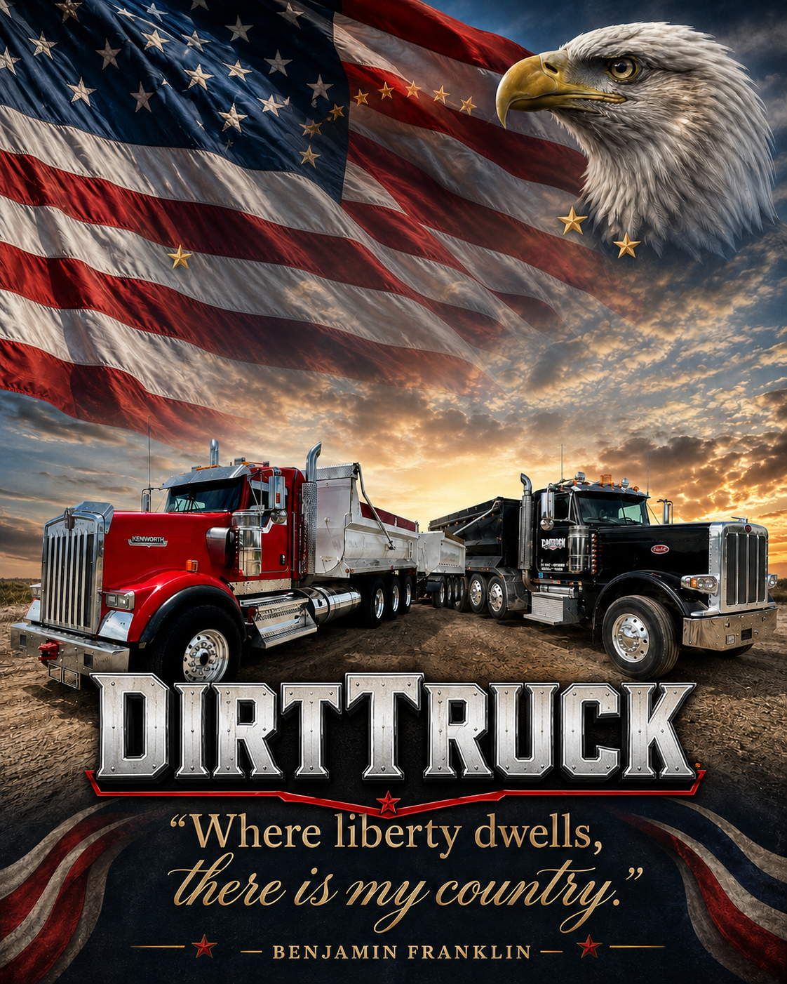 Dirt Truck patriotic artwork featuring two dump trucks, the American flag and a bald eagle